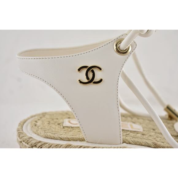 Chanel 20S White Lambskin CC Logo Mules Lace Up Tie Sandal  Chanel 20S White Lambskin CC Logo Mules Lace Up Tie Sandal Espadrille Flat 36